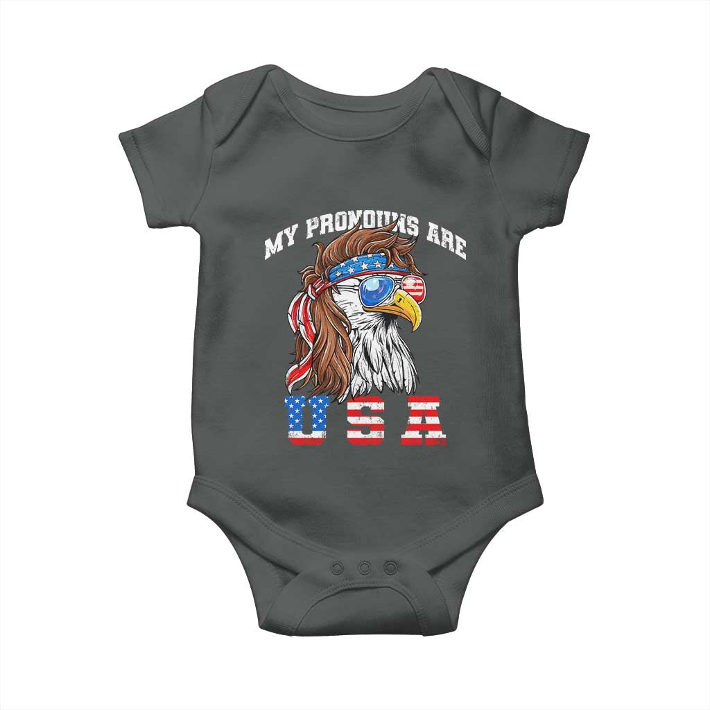 Funny 4th of July Baby Onesie My Pronouns Are USA Eagle American TS10 Dark Heather Print Your Wear