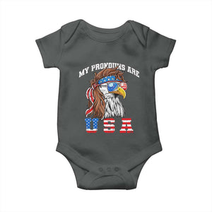Funny 4th of July Baby Onesie My Pronouns Are USA Eagle American TS10 Dark Heather Print Your Wear