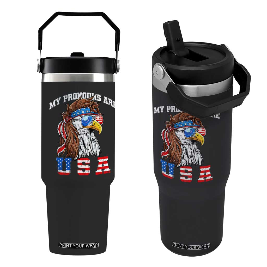 Funny 4th of July Flip Straw Tumbler My Pronouns Are USA Eagle American TS10 One Size: 30 oz Black Print Your Wear