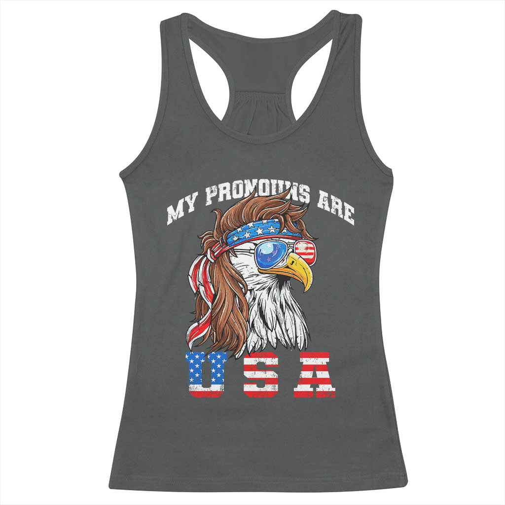 Funny 4th of July Racerback Tank Top My Pronouns Are USA Eagle American TS10 Dark Heather Print Your Wear