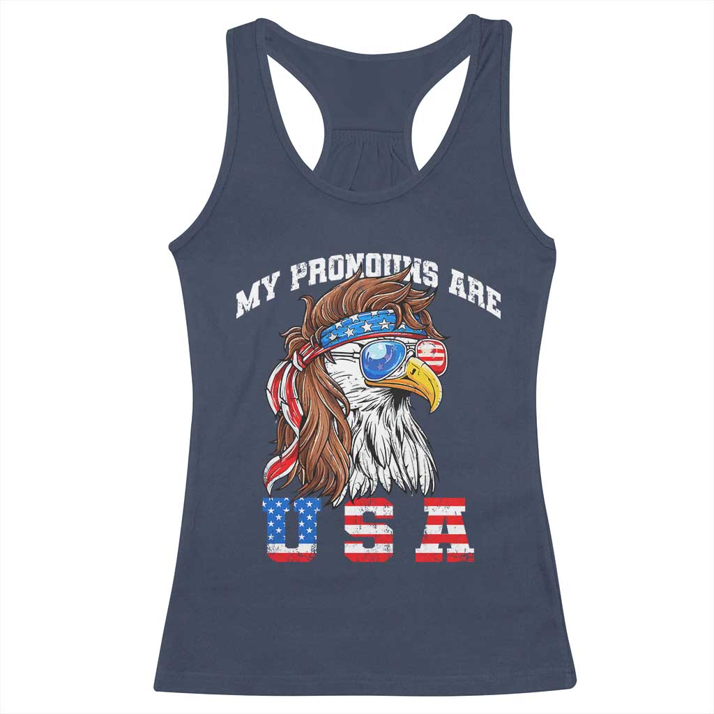 Funny 4th of July Racerback Tank Top My Pronouns Are USA Eagle American TS10 Navy Print Your Wear