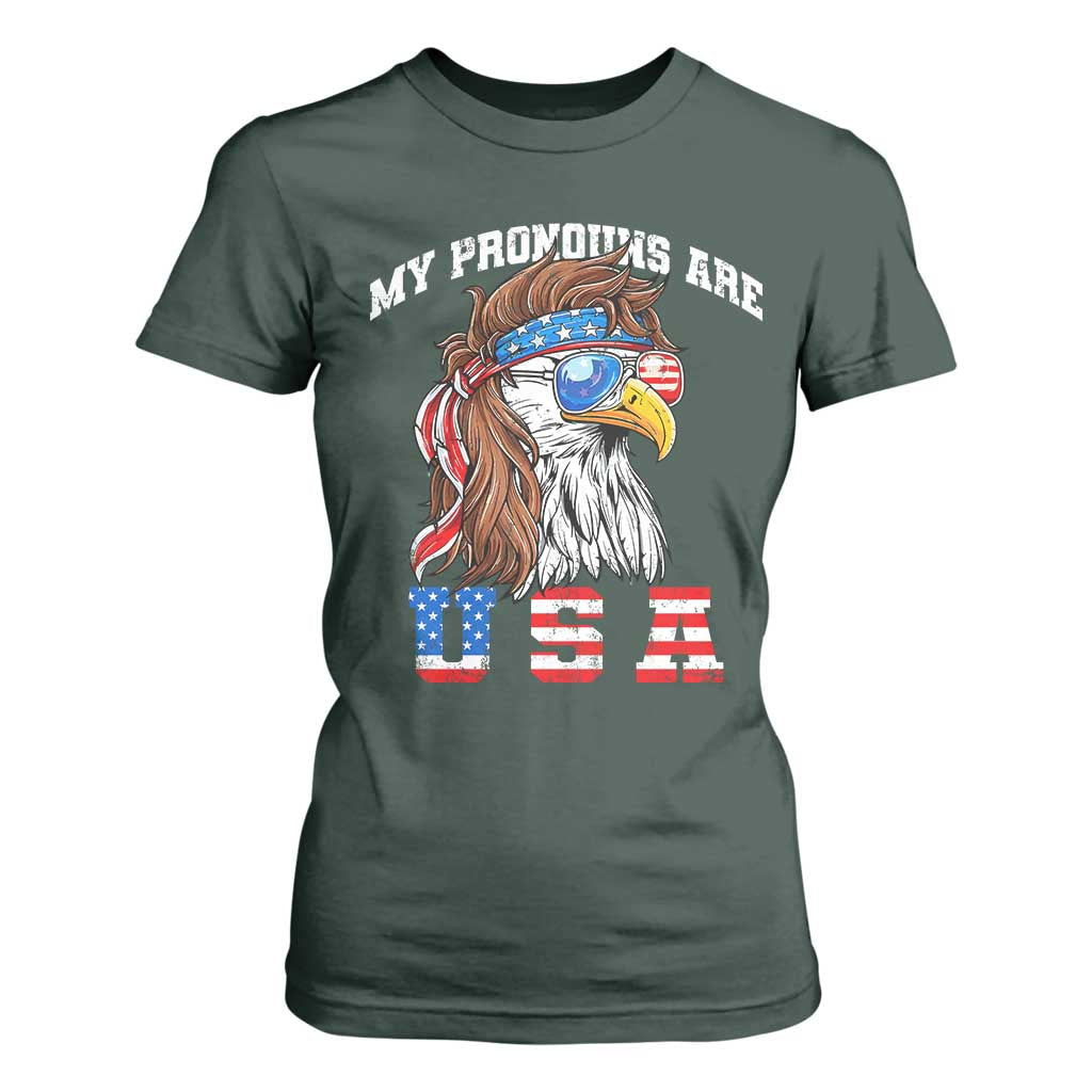 Funny 4th of July T Shirt For Women My Pronouns Are USA Eagle American TS10 Dark Forest Green Print Your Wear