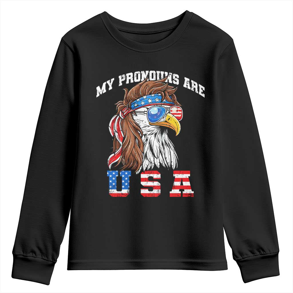 Funny 4th of July Youth Sweatshirt My Pronouns Are USA Eagle American TS10 Black Print Your Wear