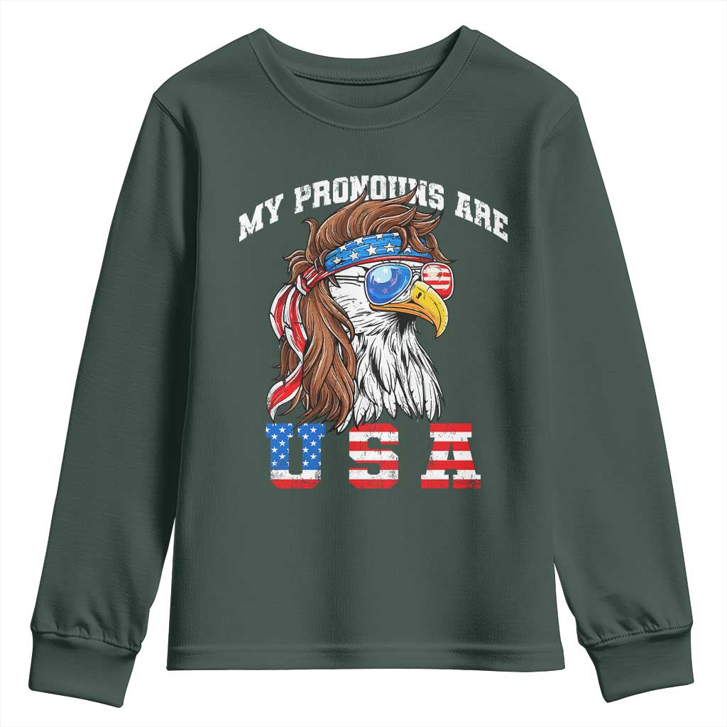 Funny 4th of July Youth Sweatshirt My Pronouns Are USA Eagle American TS10 Dark Forest Green Print Your Wear