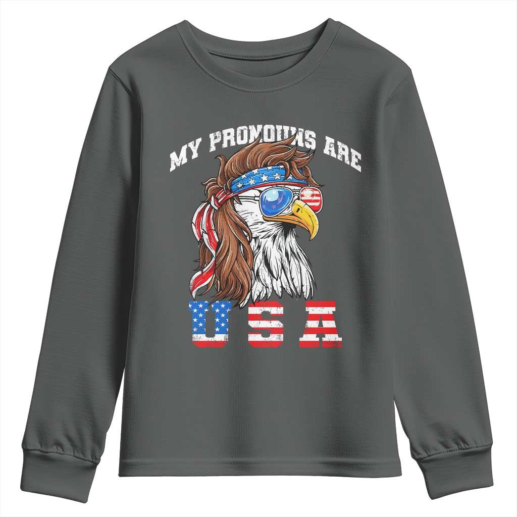 Funny 4th of July Youth Sweatshirt My Pronouns Are USA Eagle American TS10 Dark Heather Print Your Wear