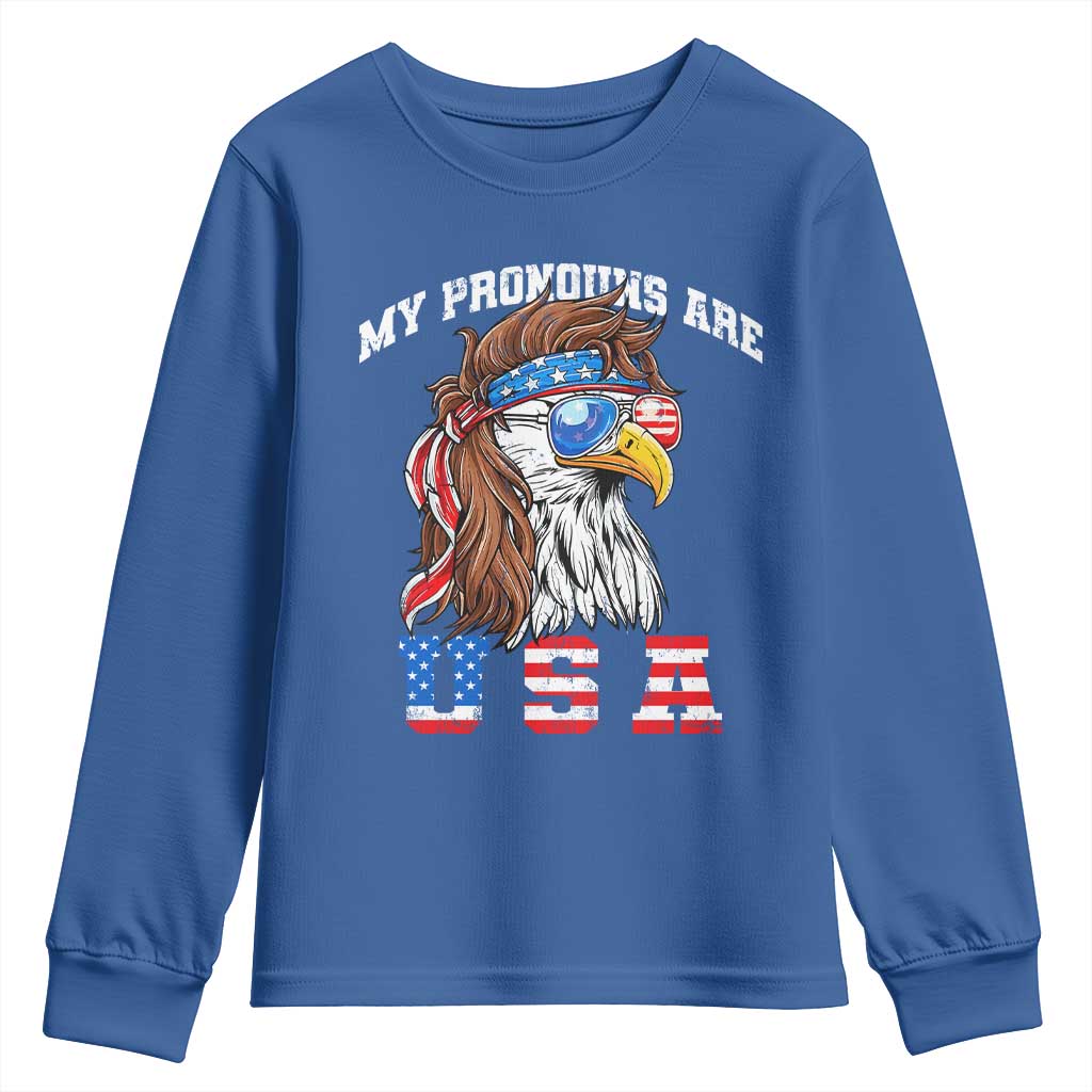 Funny 4th of July Youth Sweatshirt My Pronouns Are USA Eagle American TS10 Royal Blue Print Your Wear