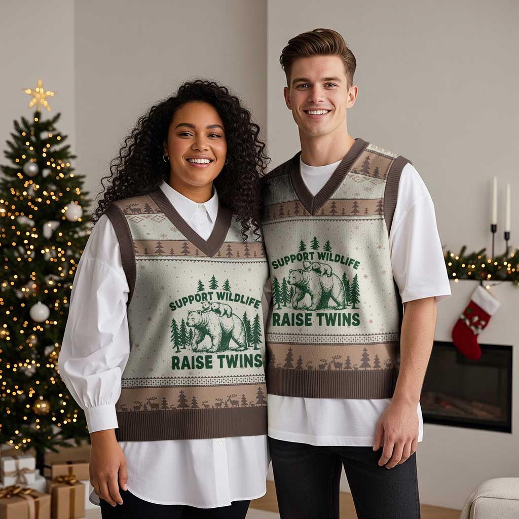 Support Wildlife Raise Twins V-Neck Knit Sweater Vest Twin Parent Mom Dad Bear Family TS10 Mocha Mousse Print Your Wear
