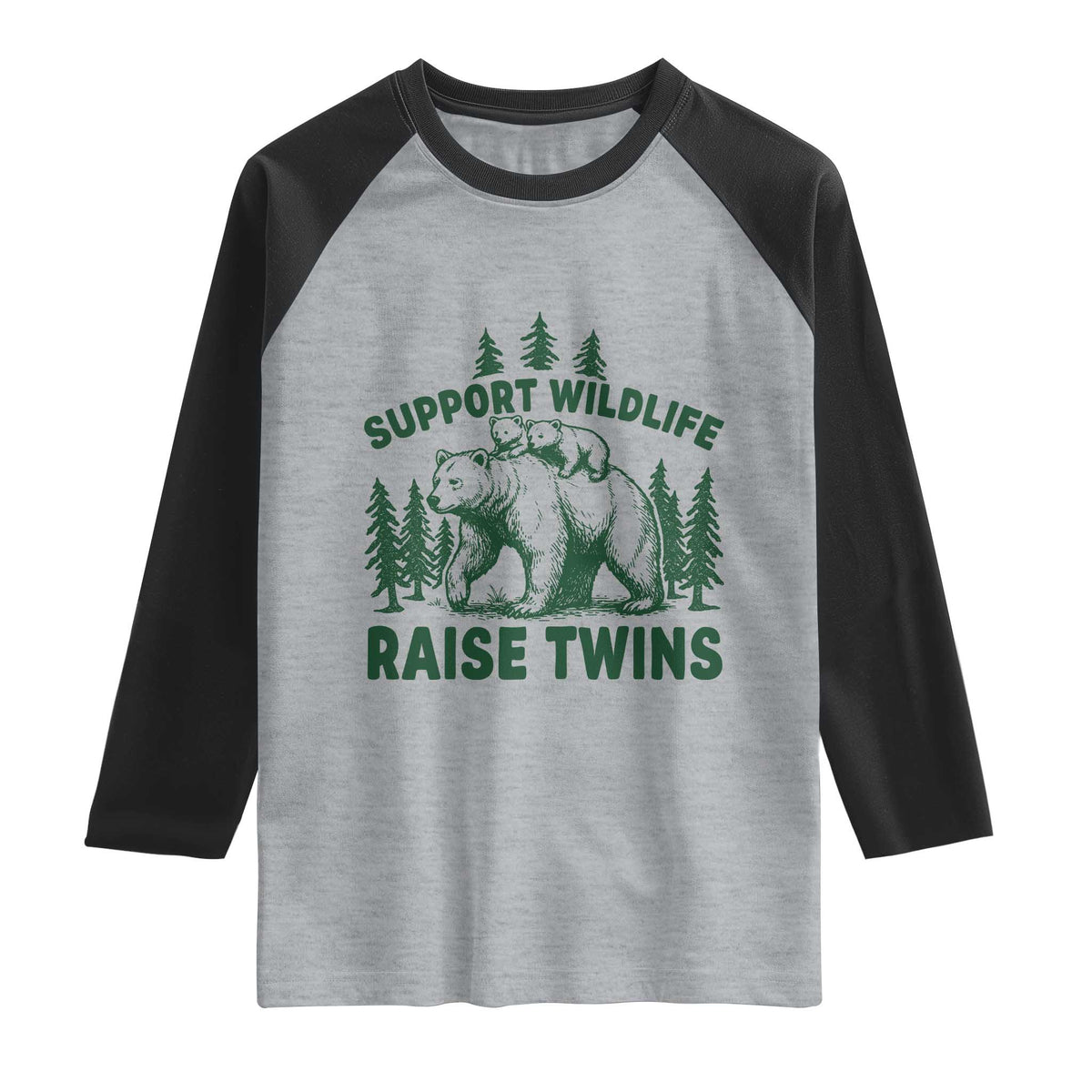 Support Wildlife Raise Twins Raglan Shirt Twin Parent Mom Dad Bear Family TS10 Heather Gray Black Print Your Wear
