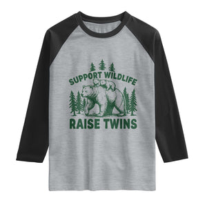 Support Wildlife Raise Twins Raglan Shirt Twin Parent Mom Dad Bear Family TS10 Heather Gray Black Print Your Wear