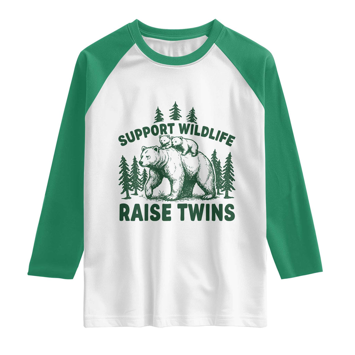 Support Wildlife Raise Twins Raglan Shirt Twin Parent Mom Dad Bear Family TS10 White Kelly Green Print Your Wear