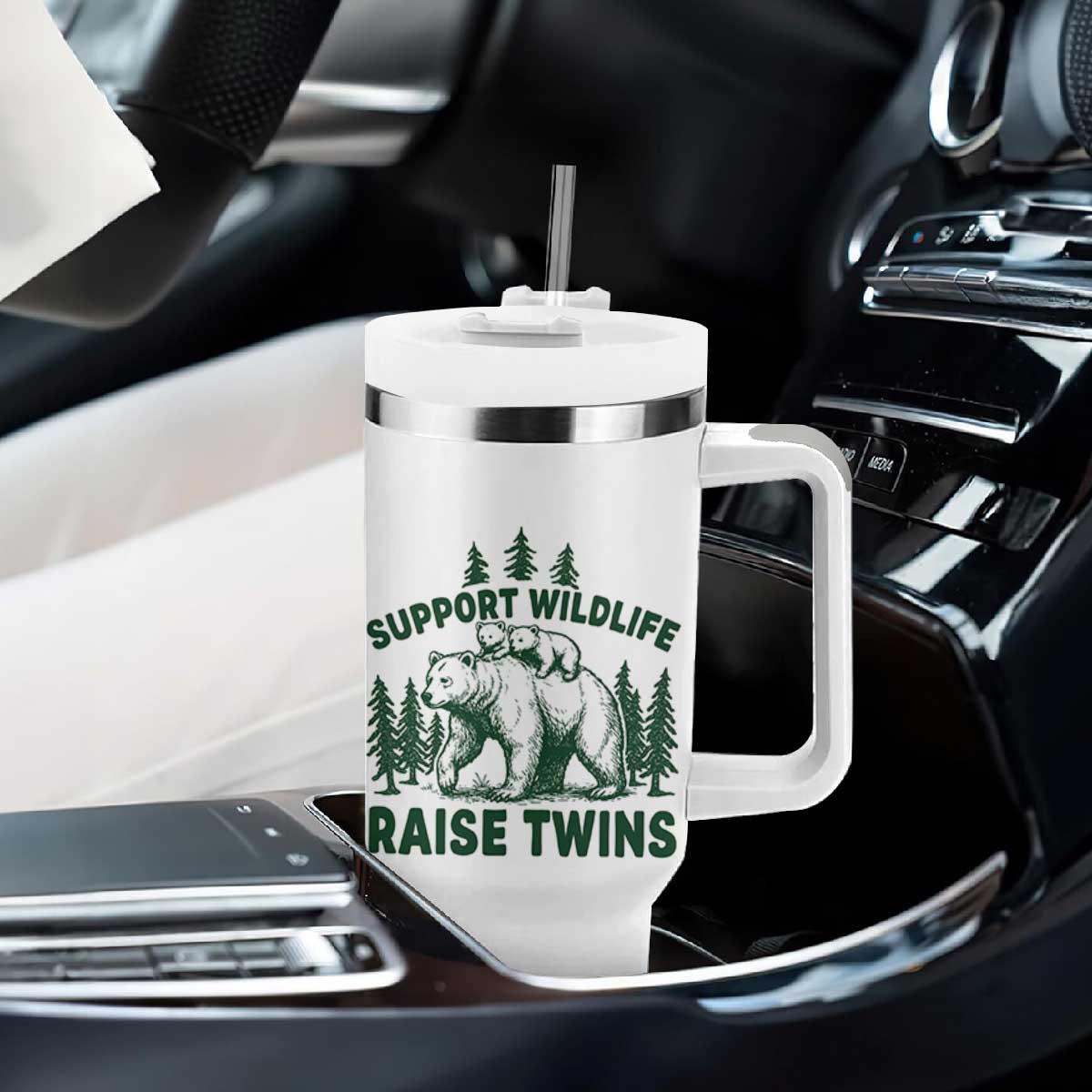 Support Wildlife Raise Twins Tumbler With Handle Twin Parent Mom Dad Bear Family TS10 Print Your Wear