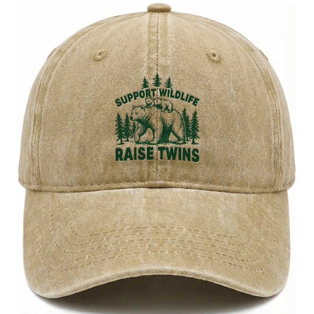Support Wildlife Raise Twins Washed Cotton Baseball Cap Twin Parent Mom Dad Bear Family