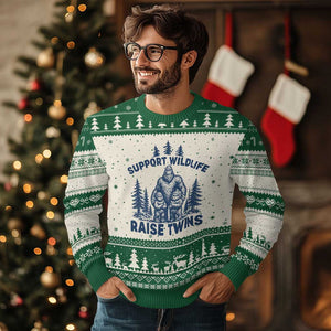 Support Wildlife Raise Twins Ugly Christmas Sweater Twin Dad Mom Parent Bigfoot Family TS10 Beige Green Print Your Wear