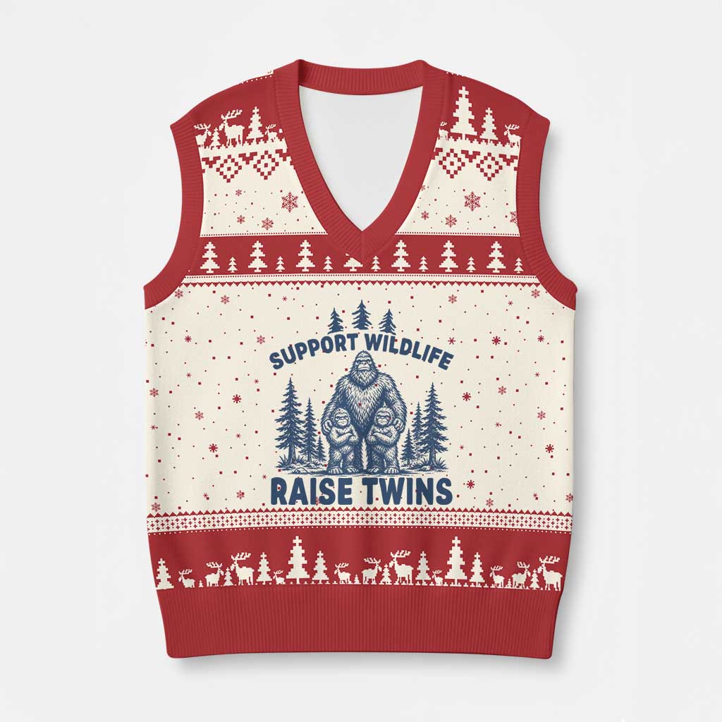 Support Wildlife Raise Twins V-Neck Knit Sweater Vest Twin Dad Mom Parent Bigfoot Family TS10 Beige Red Print Your Wear