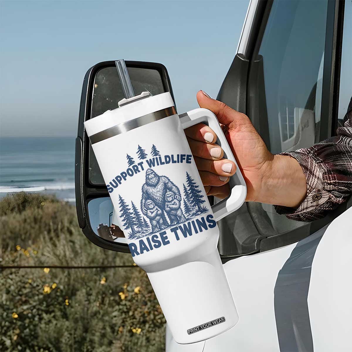 Support Wildlife Raise Twins Tumbler With Handle Twin Dad Mom Parent Bigfoot Family TS10 Print Your Wear