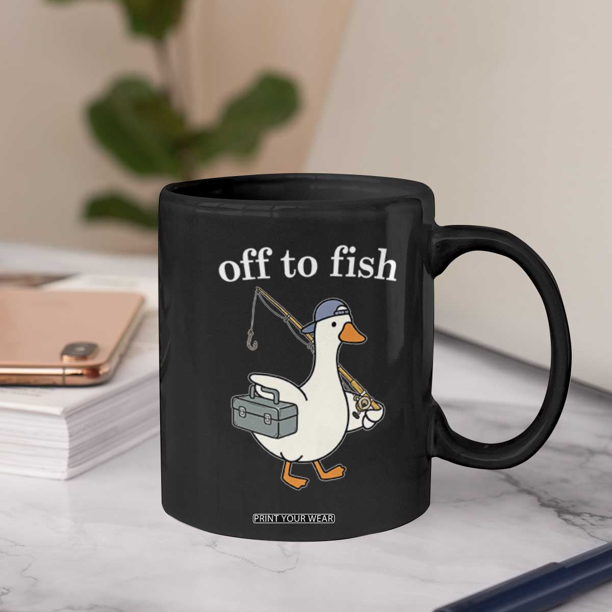 Funny Goose Fishing Coffee Mug Off to Fish Cute Waterfowl Angler Gift for Fishing Lovers