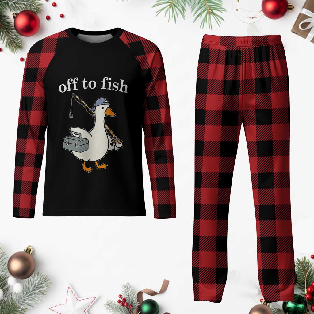 Funny Goose Fishing Plaid Pajama Set Off to Fish Cute Waterfowl Angler Gift for Fishing Lovers