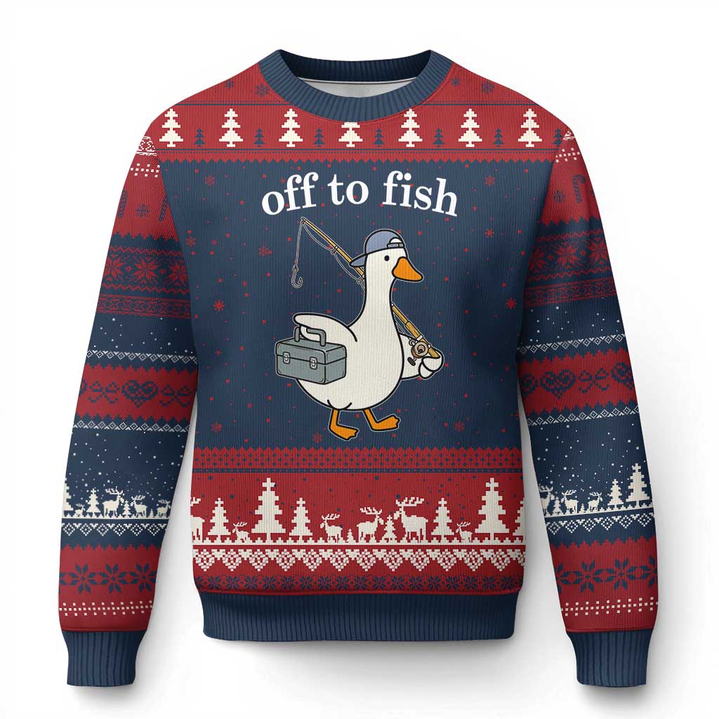 Funny Goose Fishing Ugly Christmas Sweater Off to Fish Cute Waterfowl Angler Gift for Fishing Lovers