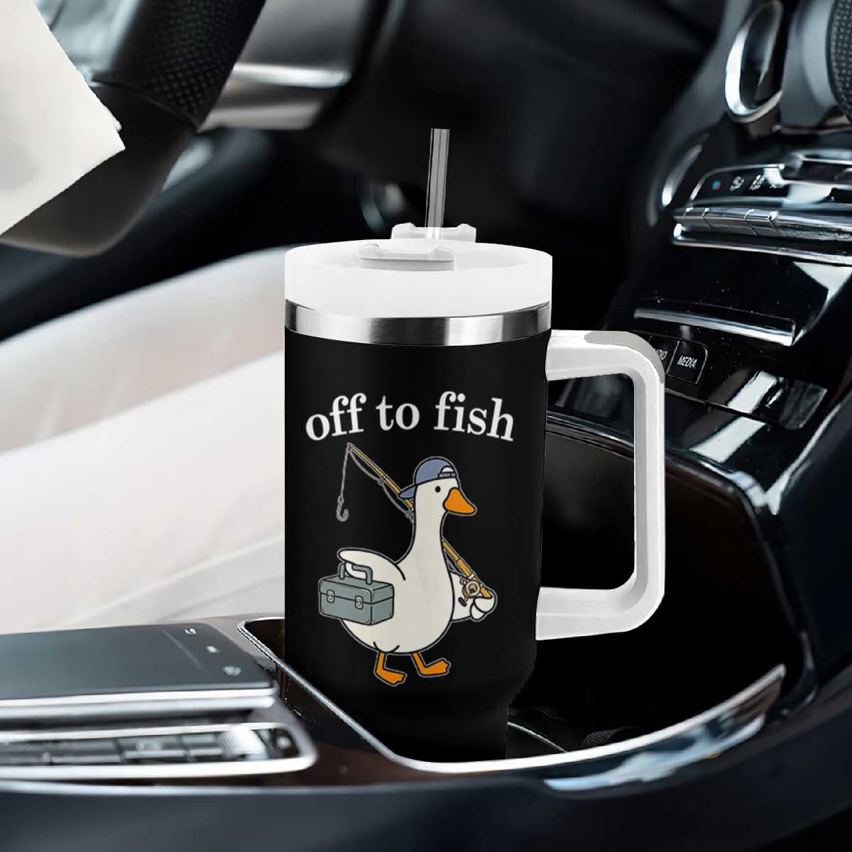 Funny Goose Fishing Tumbler With Handle Off to Fish Cute Waterfowl Angler Gift for Fishing Lovers
