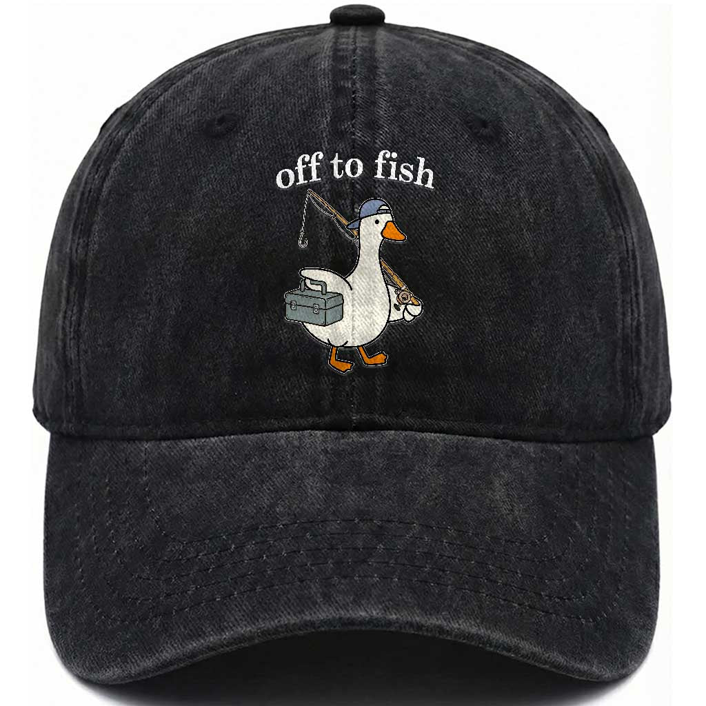 Funny Goose Fishing Washed Cotton Baseball Cap Off to Fish Cute Waterfowl Angler Gift for Fishing Lovers