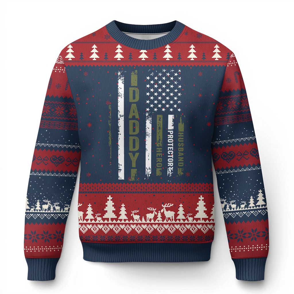 Daddy Husband Protector Hero Ugly Christmas Sweater Fathers Day Vintage American Flag