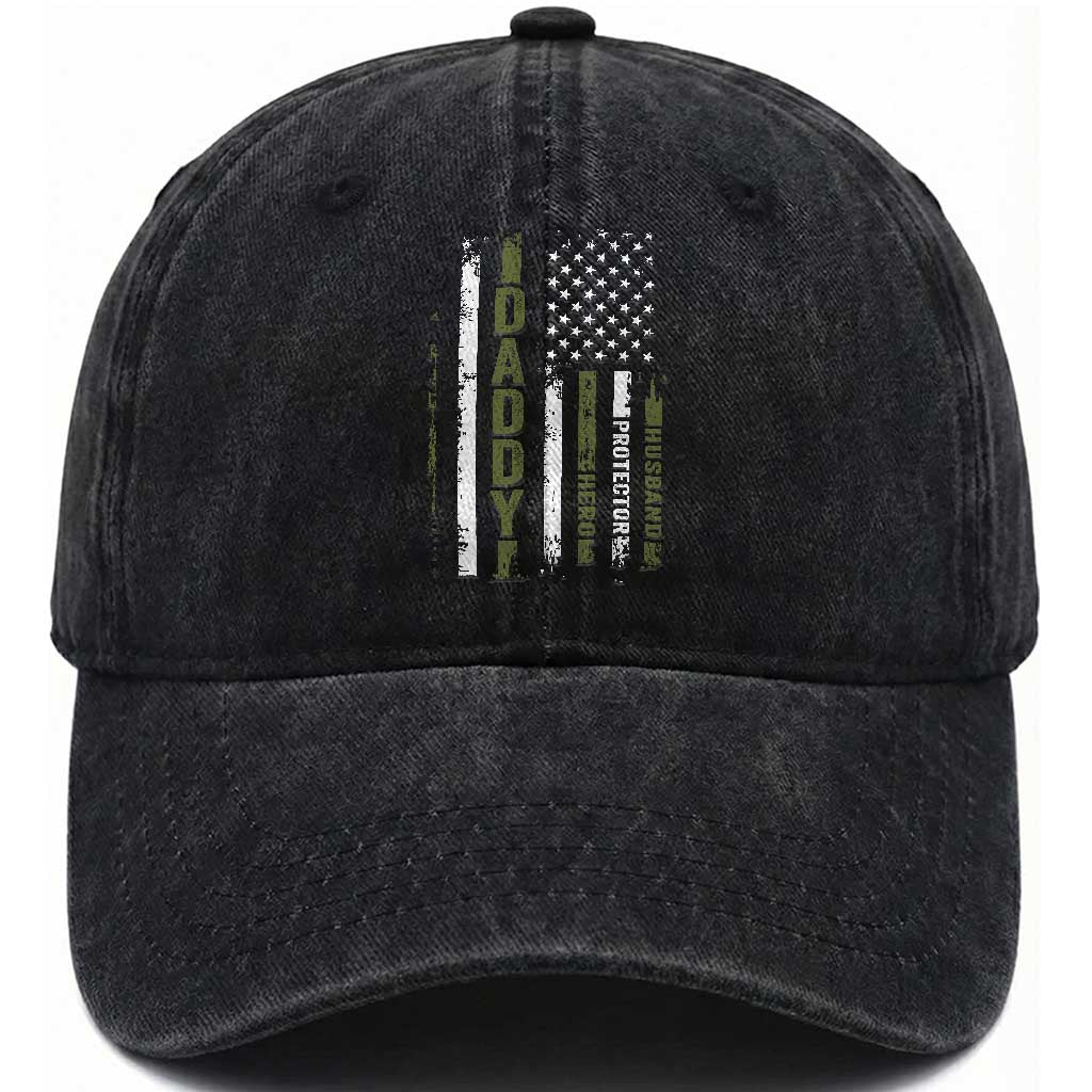 Daddy Husband Protector Hero Washed Cotton Baseball Cap Fathers Day Vintage American Flag TS10 Print Your Wear