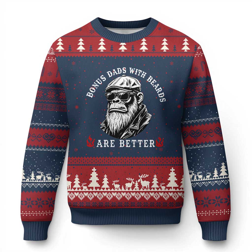 Bonus Dad Gifts Ugly Christmas Sweater Retro Bigfoot Stepdad With Beards Are Better TS10 Navy Red Print Your Wear