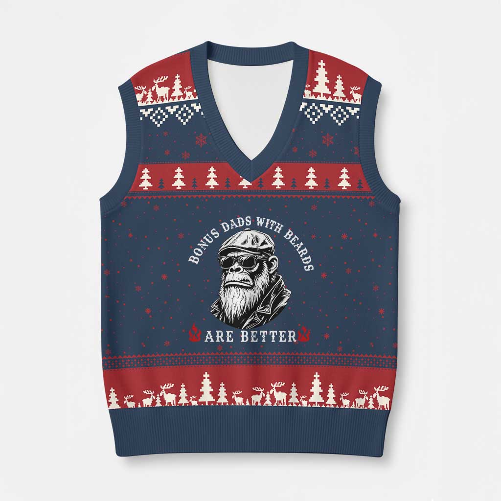Bonus Dad Gifts V-Neck Knit Sweater Vest Retro Bigfoot Stepdad With Beards Are Better TS10 Navy Red Print Your Wear