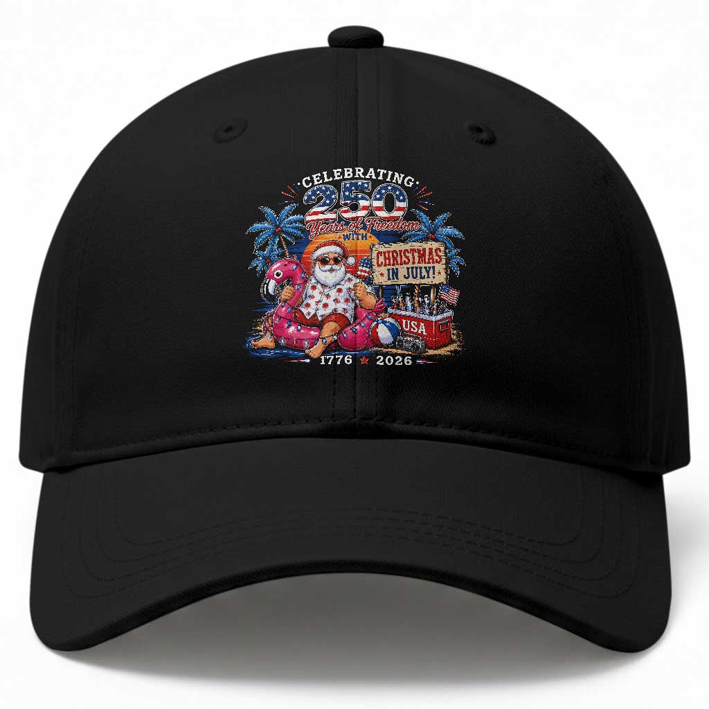 Christmas In July 250 Years 1776 2026 Patriotic Santa Flamingo Float Summer Xmas Baseball Cap