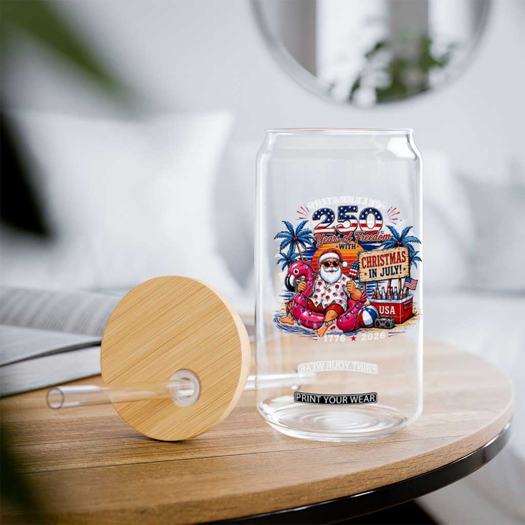 Christmas In July 250 Years 1776 2026 Patriotic Santa Flamingo Float Summer Xmas Glass Can
