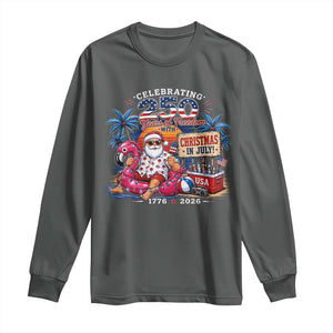 Christmas In July 250 Years 1776 2026 Patriotic Santa Flamingo Float Summer Xmas Long Sleeve Shirt
