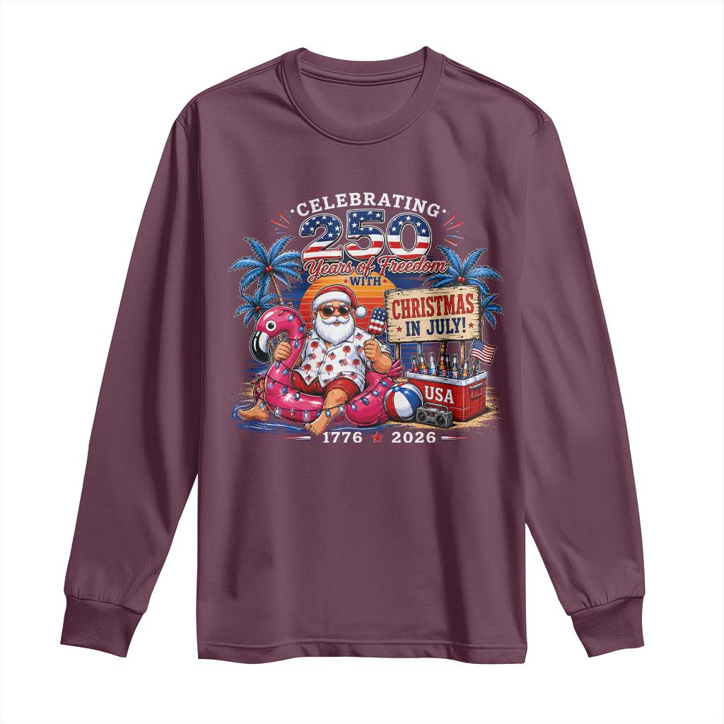 Christmas In July 250 Years 1776 2026 Patriotic Santa Flamingo Float Summer Xmas Long Sleeve Shirt
