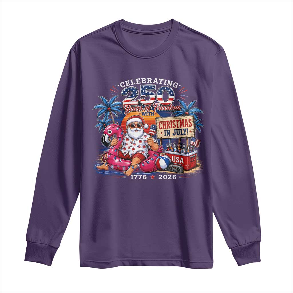 Christmas In July 250 Years 1776 2026 Patriotic Santa Flamingo Float Summer Xmas Long Sleeve Shirt