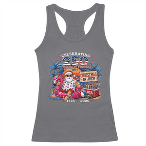 Christmas In July 250 Years 1776 2026 Patriotic Santa Flamingo Float Summer Xmas Racerback Tank Top