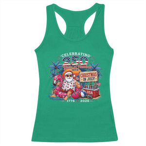 Christmas In July 250 Years 1776 2026 Patriotic Santa Flamingo Float Summer Xmas Racerback Tank Top