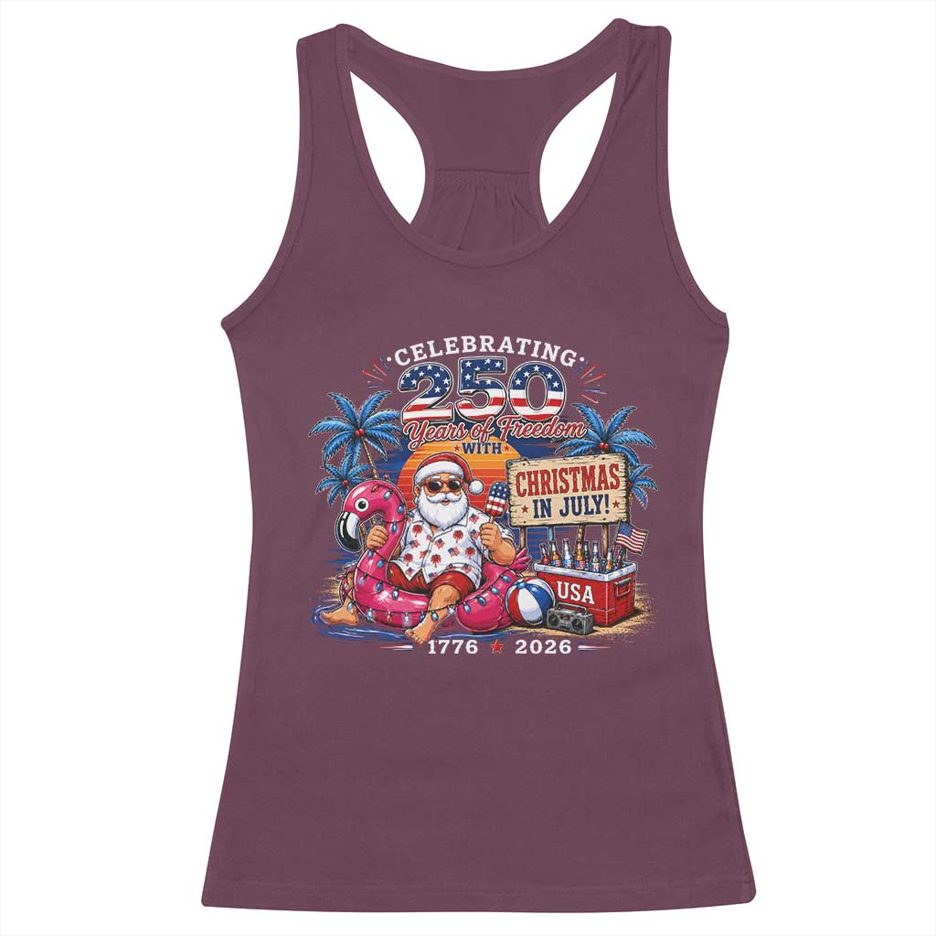 Christmas In July 250 Years 1776 2026 Patriotic Santa Flamingo Float Summer Xmas Racerback Tank Top