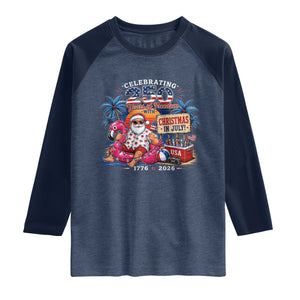 Christmas In July 250 Years 1776 2026 Patriotic Santa Flamingo Float Summer Xmas Raglan Shirt