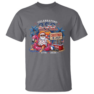 Christmas In July 250 Years 1776 2026 Patriotic Santa Flamingo Float Summer Xmas T Shirt