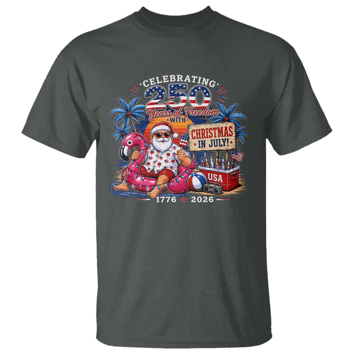 Christmas In July 250 Years 1776 2026 Patriotic Santa Flamingo Float Summer Xmas T Shirt