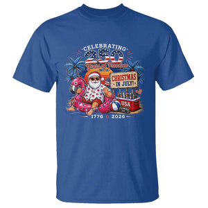 Christmas In July 250 Years 1776 2026 Patriotic Santa Flamingo Float Summer Xmas T Shirt
