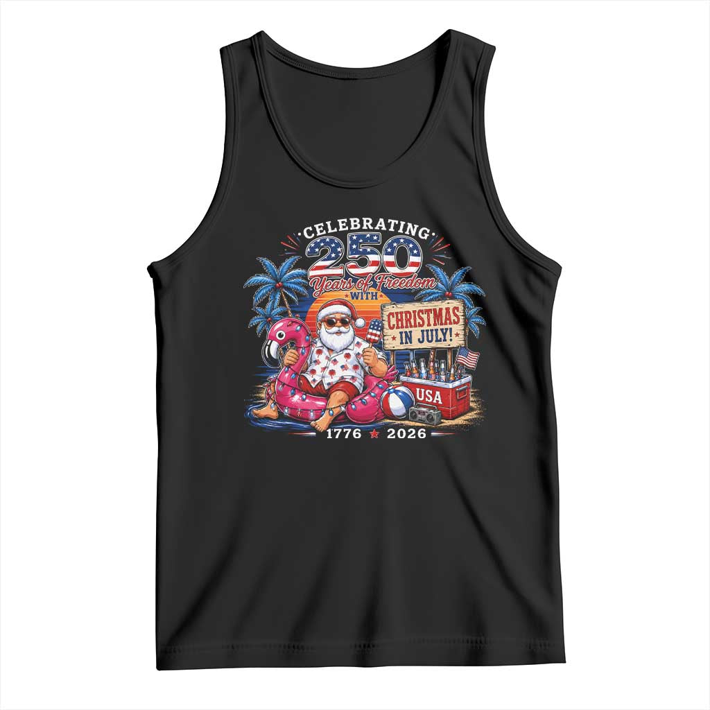Christmas In July 250 Years 1776 2026 Patriotic Santa Flamingo Float Summer Xmas Tank Top TS10 Black Print Your Wear