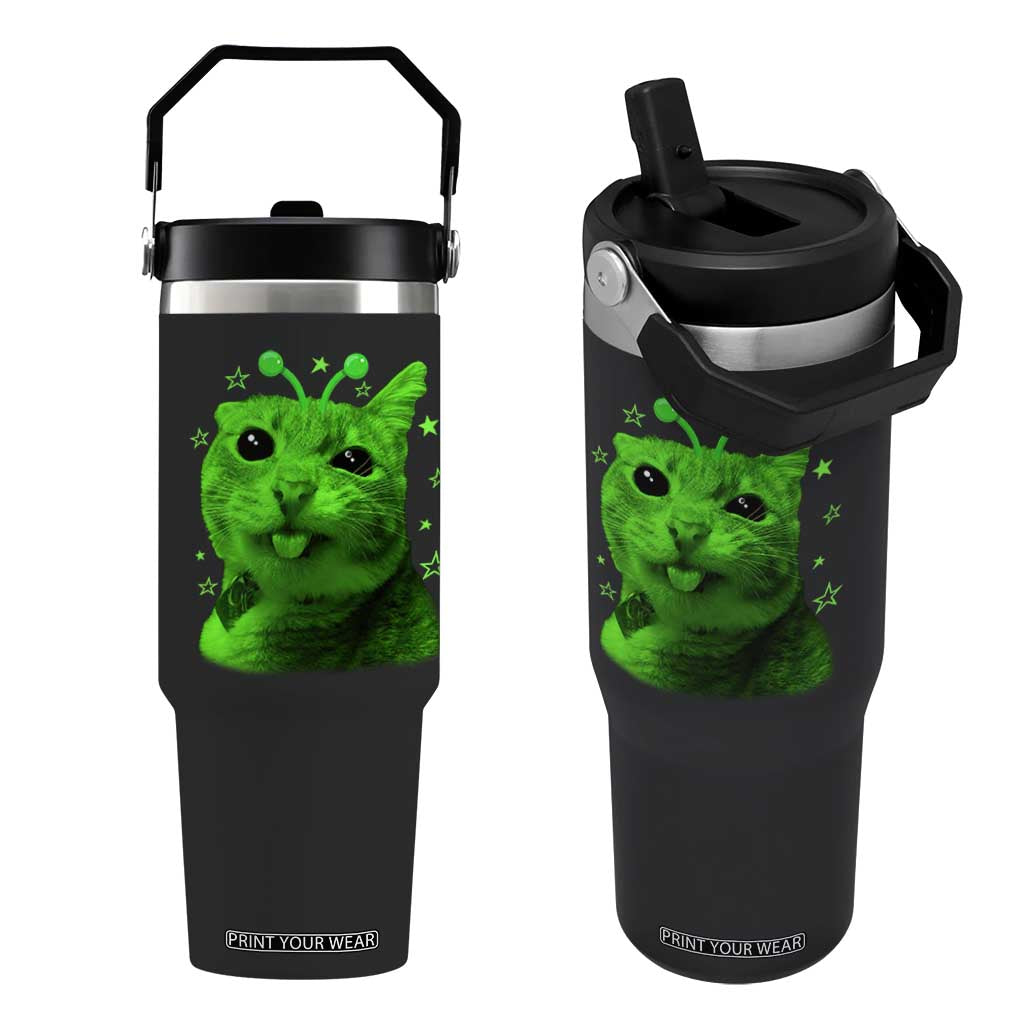 Funny Alien Cat Meme Retro Y2K Vintage Space Kitty Flip Straw Tumbler TS10 One Size: 30 oz Black Print Your Wear