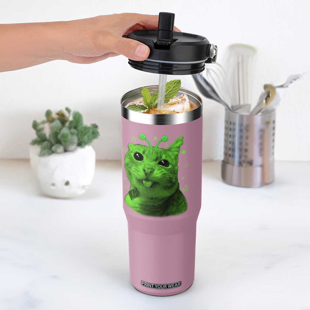 Funny Alien Cat Meme Retro Y2K Vintage Space Kitty Flip Straw Tumbler