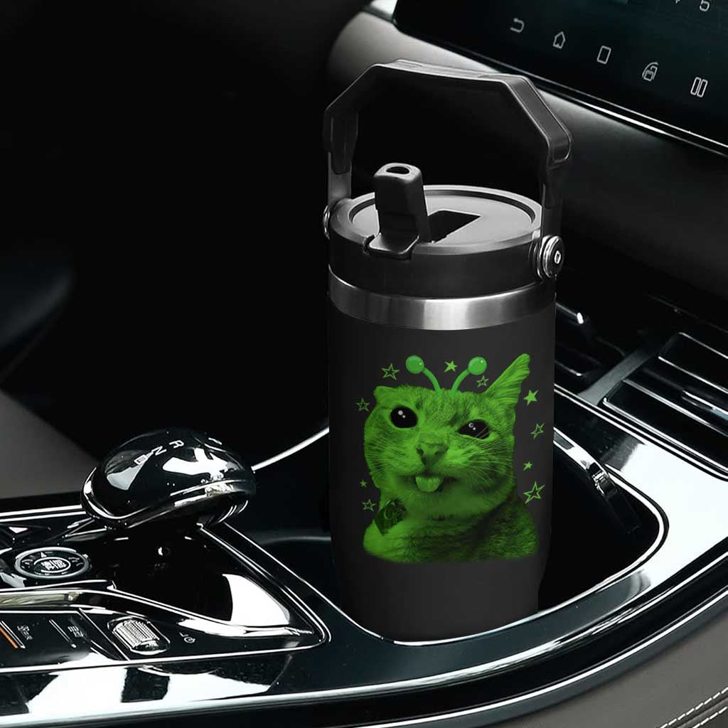 Funny Alien Cat Meme Retro Y2K Vintage Space Kitty Flip Straw Tumbler