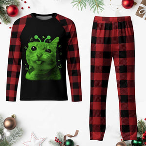 Funny Alien Cat Meme Retro Y2K Vintage Space Kitty Plaid Pajama Set
