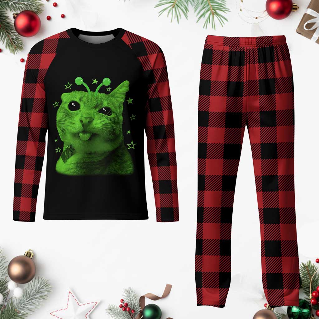 Funny Alien Cat Meme Retro Y2K Vintage Space Kitty Plaid Pajama Set TS10 Buffalo Plaid Print Your Wear