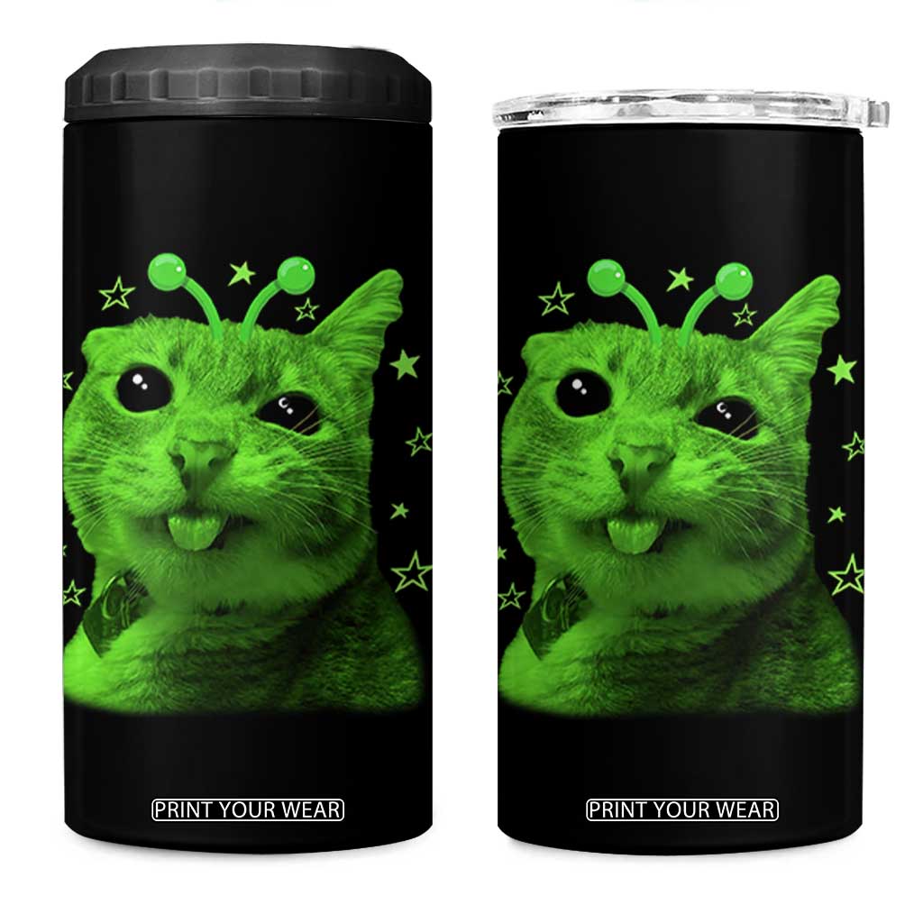 Funny Alien Cat Meme Retro Y2K Vintage Space Kitty 4 in 1 Can Cooler Tumbler TS10 One Size: 16 oz Black Print Your Wear