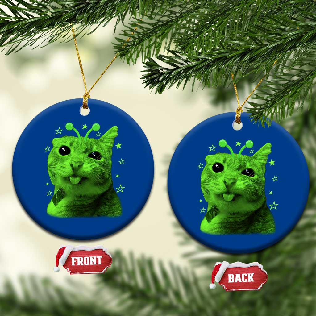 Funny Alien Cat Meme Retro Y2K Vintage Space Kitty Ceramic Ornament