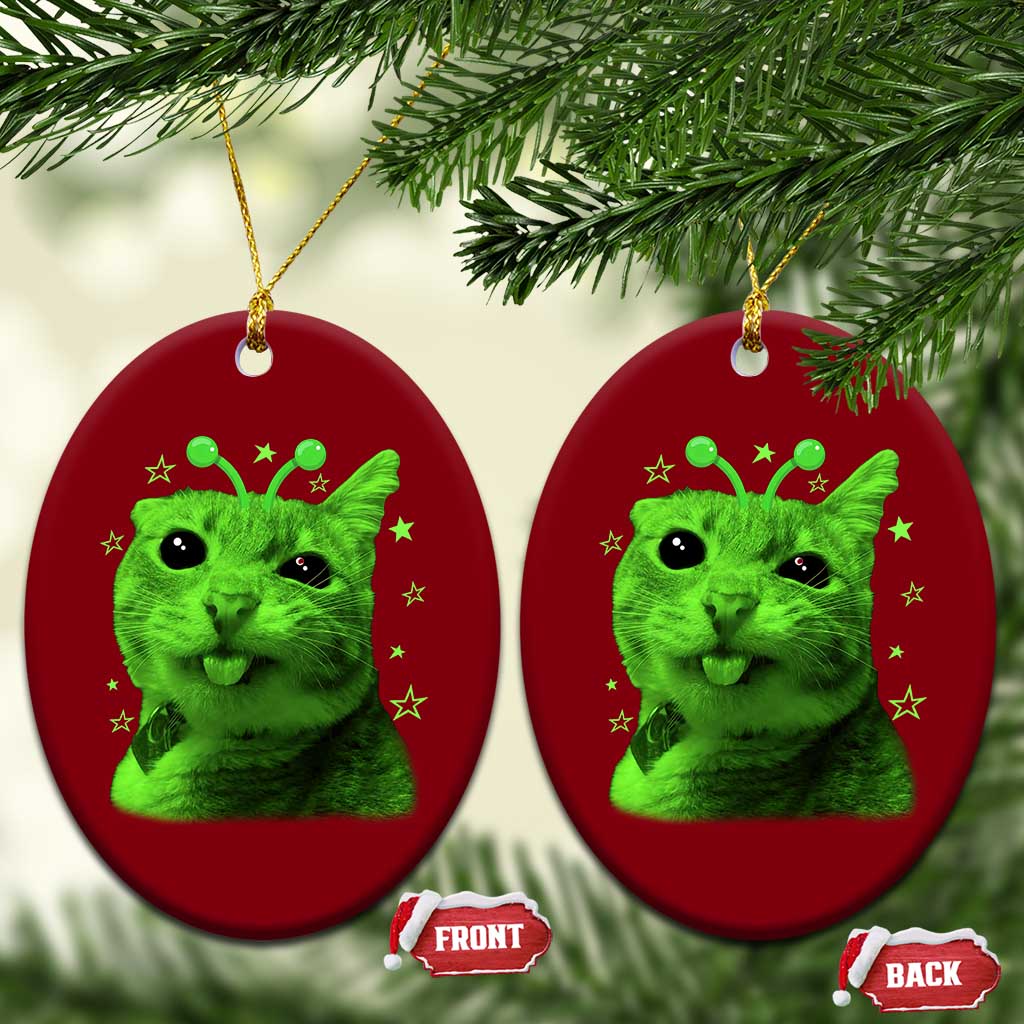Funny Alien Cat Meme Retro Y2K Vintage Space Kitty Ceramic Ornament
