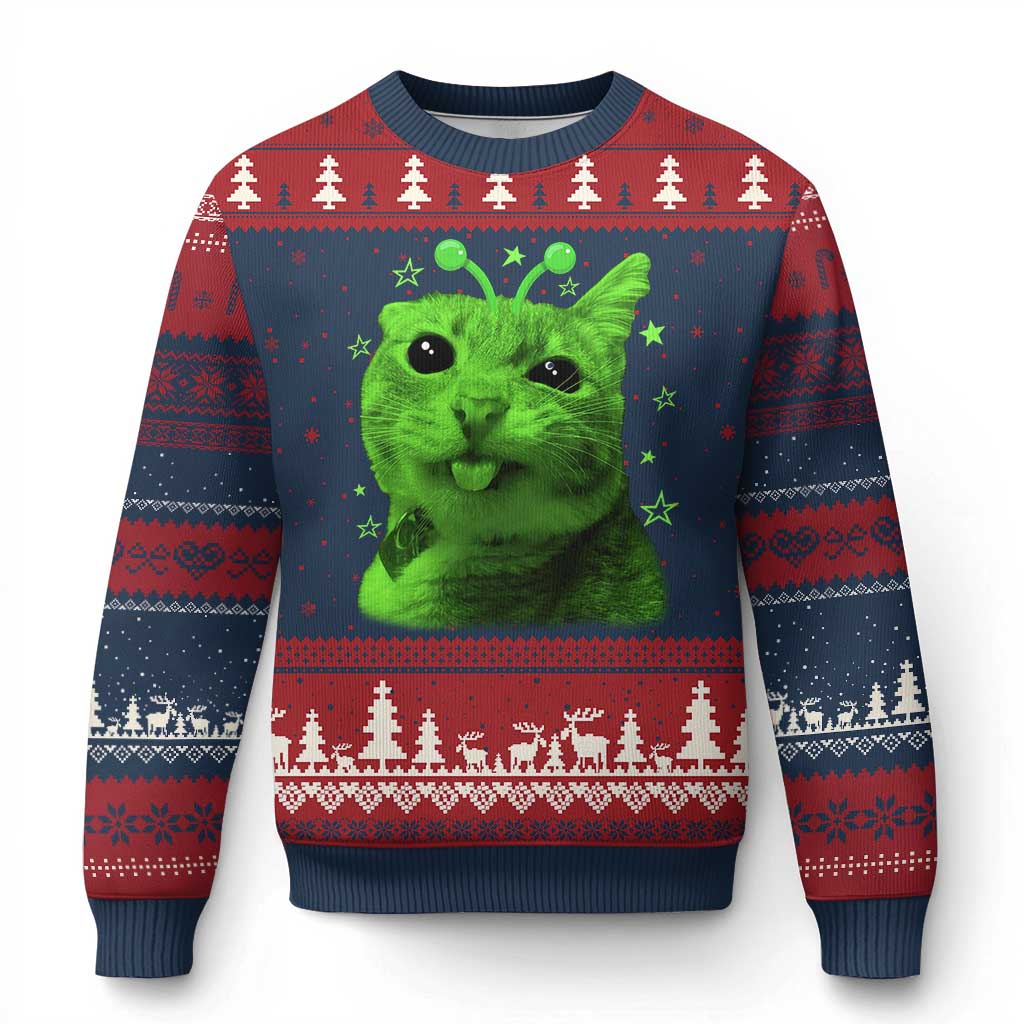 Funny Alien Cat Meme Retro Y2K Vintage Space Kitty Ugly Christmas Sweater TS10 Navy Red Print Your Wear